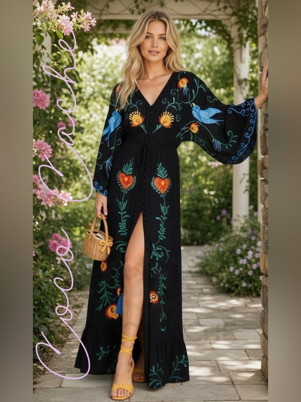 Classy Secret Garden Cotton Blend Embroidered Long Bohemian Kimono Dress Gown
